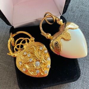 Vintage Style Heart Pendant Charm Set – Gold Tone Rhinestone & Cream Heart